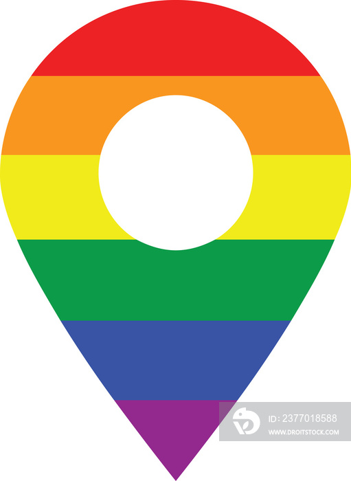Gps map pin icon in rainbow colors with horizontal angle. Round hole in the middle. For tagging locations of lgbt pride events on the map.