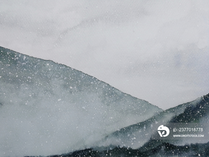 watercolor painting asian art mountains covered snow fall with fog in winter season.