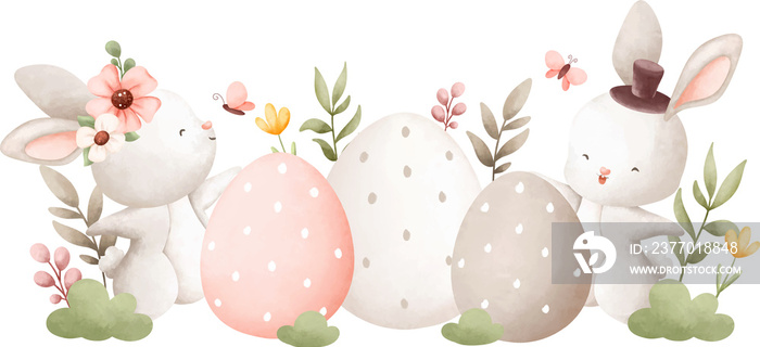 Easter Rabbit and Easter egg in the garden. Watercolor illustration