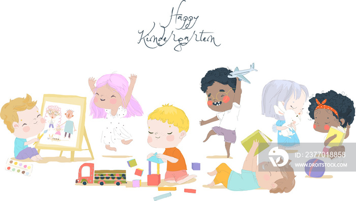 Cute Cartoon Children playing together in Kindergarten. Vector Illustration