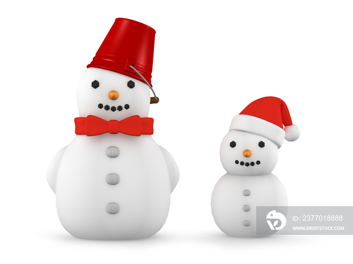 snowman wearing bucket and santa hat on transparent background, 3D illustration