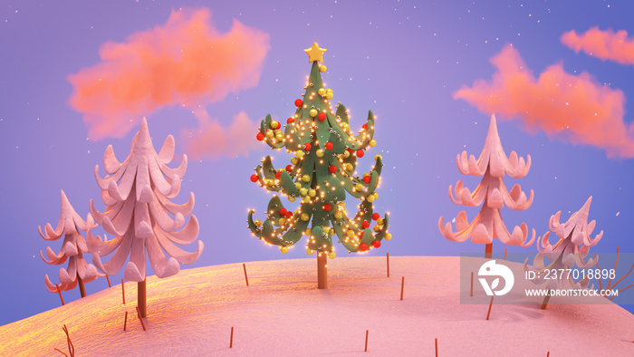 Decorated christmas tree with snowfall 3D render