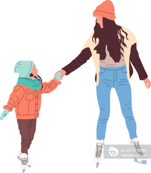 Couple skating. People on ice, winter outdoor activities. Happy sport children woman, active holiday dating  illustration. Active happy woman and man ride ice-skating