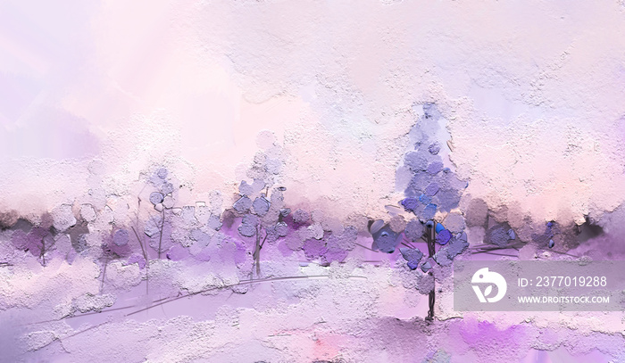 Abstract oil painting winter forest landscape. Semi abstract image of tree, field, meadow. Modern art, oil paint with purple, red and blue pastel color. Contemporary art for background