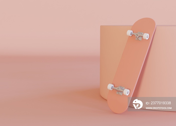 3D Illustration. Skateboard on pastel color background.