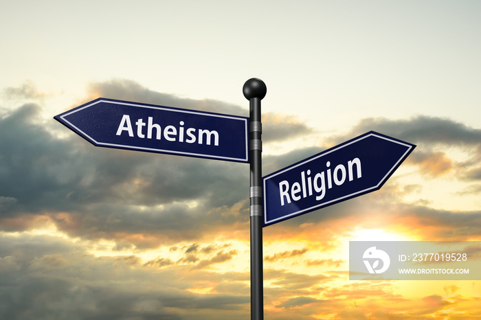 arrow road signs of words atheism and religion on the sunset sky. 3D illustration