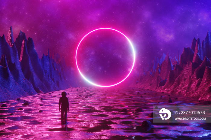 A man, an astronaut, stands on the surface of an alien planet and looks at a circle of neon. Silhouette against the backdrop of a fantastic landscape. 3d rendering.