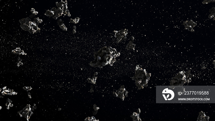 3D rendering of deep space with massive asteroid field flying , Large Asteroid Rocks Flying in space, Milky way Meteors rotating in deep space 3d illustration