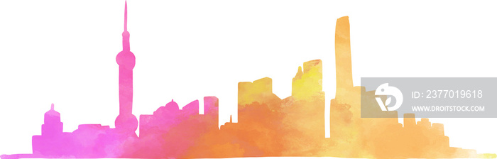 shanghai cityscape skyline colorful watercolor style illustration.