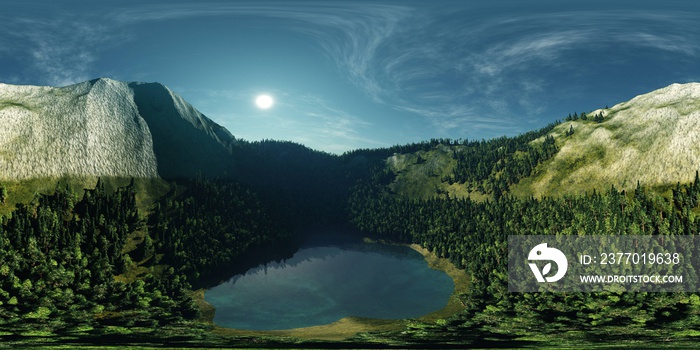 Lake in the mountains,  HDRI, environment map , Round panorama, spherical panorama, equidistant projection, panorama 360