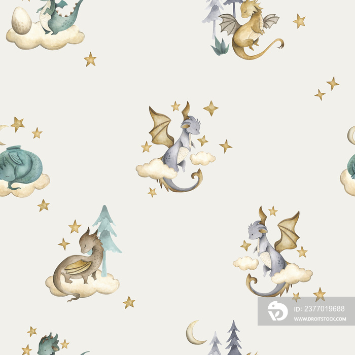 Dragon baby animals watercolor seamless pattern illustration