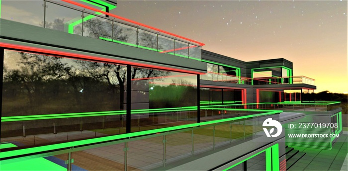 Mirrored glass exterior of the upscale suburban club hotel illuminated with red and green LED stripe at night. 3d rendering.