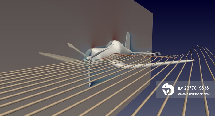 Computational Fluid Dynamics simulation of an airplane flying in the night. Velocity streamlines flowing around the wings. Artistic rendering of a simulation in 4K resolution