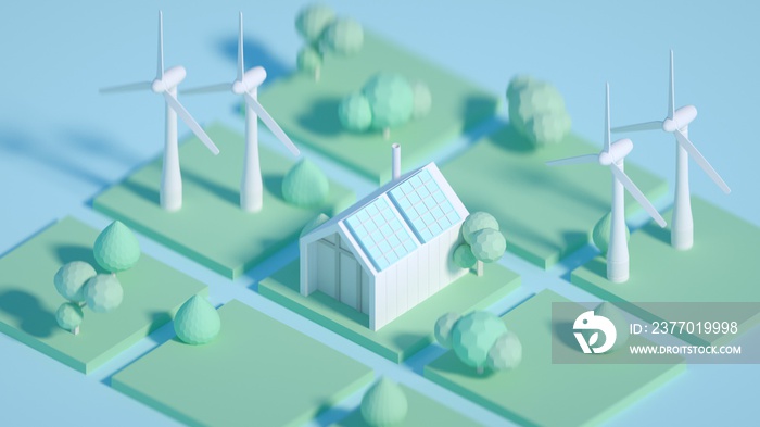 3d rendered illustration cartoon style, future ecological environment concept, passive house with energy saving and energy efficiency solar panels, wind mills on backround . low poly