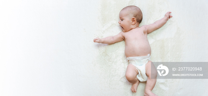 Diaper girl newborn baby banner. Child care white background. Happy cute infant baby in nappy. Newborn care, colic, teeth, newborn day regimen.