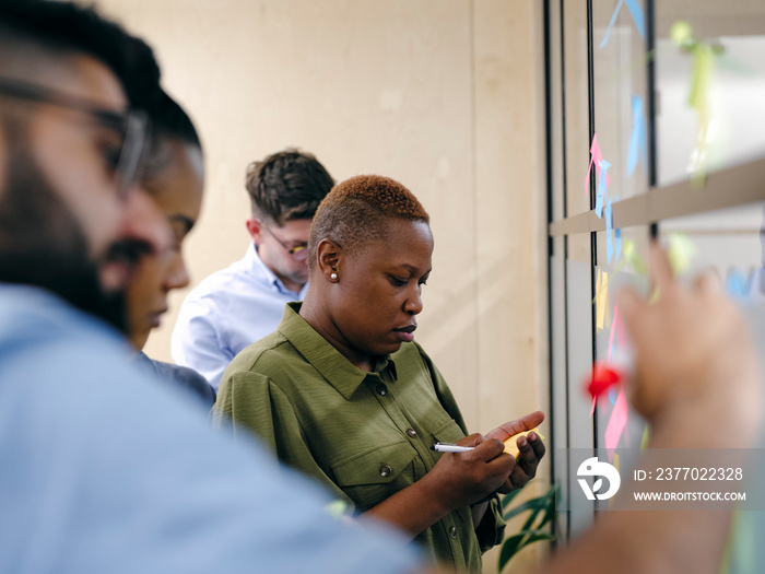 Business people sticking notes to glass wall in office