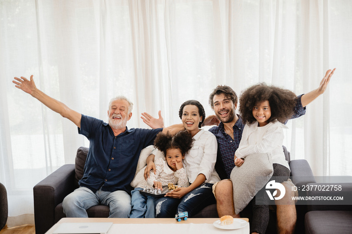 Big family with many generation meeting at home. Grandmother Grandfather Father Mother and Children having relax