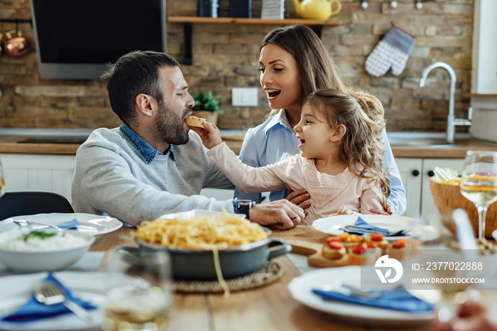 Young parents and their daughter enjoying in family lunch at home.