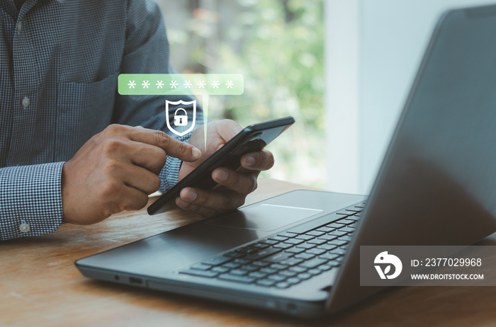 Two factor authentication concept. cyber security with biometrics authentication technology. Virtual safety shield icon while access on phone with laptop for validate password, Identity verification.