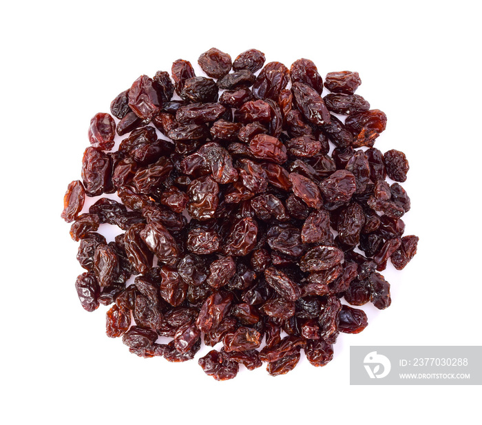 Top view of Dried raisins isolated on white background