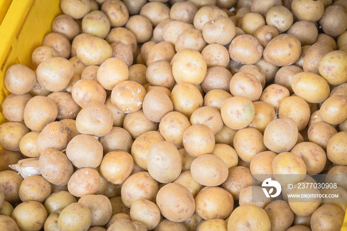 Pile of organic yellow potatoes in plastic crate at market stand in Little India, Singapore