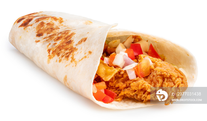 Breakfast Wrap isolated on white background, Breakfast burritos with chicken and tomato in a tortilla wrap on white background With clipping path.