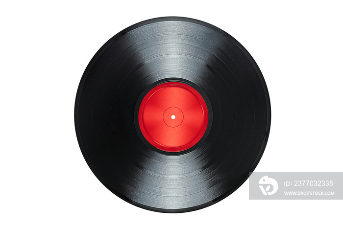 Vinyl record with red blank label isolated on white background