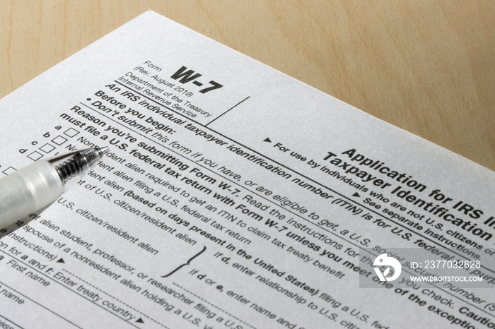 Closeup of Form W-7, Application for IRS Individual Taxpayer Identification Number (ITIN).