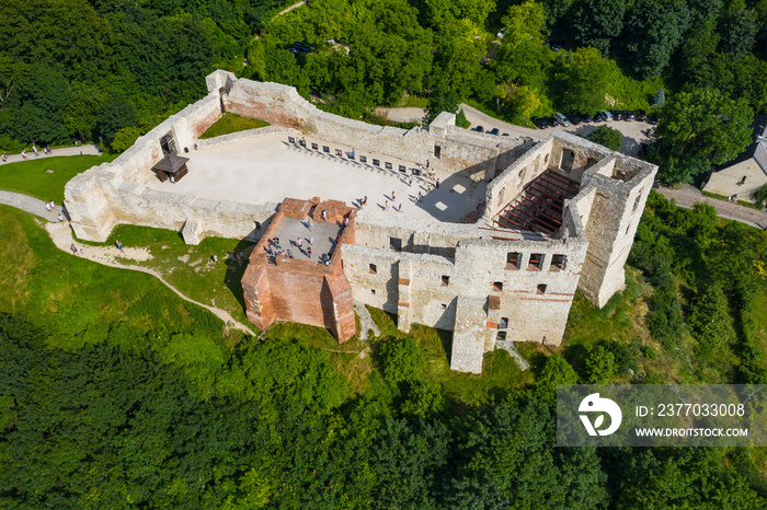 Kazimierz Dolny, Poland. Aerial view of Castle in Kazimierz Dolny, a popular tourist destination in Poland. Bird’s-eye view.