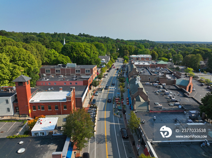 Belmont commercial center Leonard Street aerial view in historic center of Belmont, Massachusetts MA, USA.