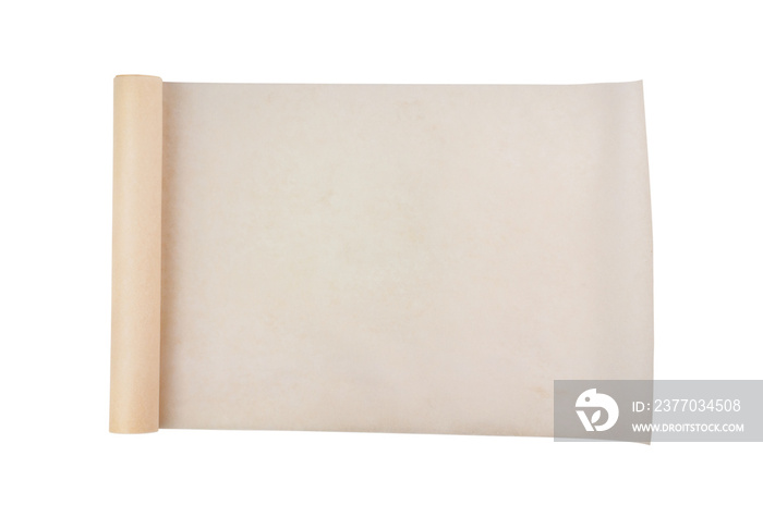 One new unfolded roll of clean baking paper brown color isolated on white background. Top view