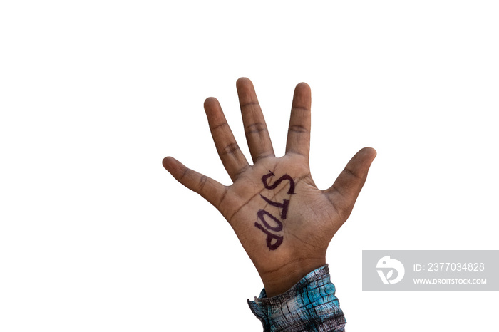 Stop racism written on hand of an African American kid isolated on white background. Stop Racism concept.