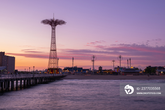 Sunset on the beach of Luna Park in Coney Island New York City