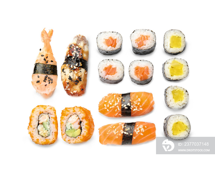 Composition with different sushi on white background