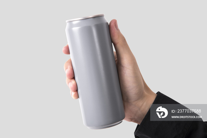 Hand Holding Aluminum can for mockup template advertising and branding background.