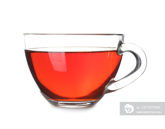 Cup of tasty tea on white background