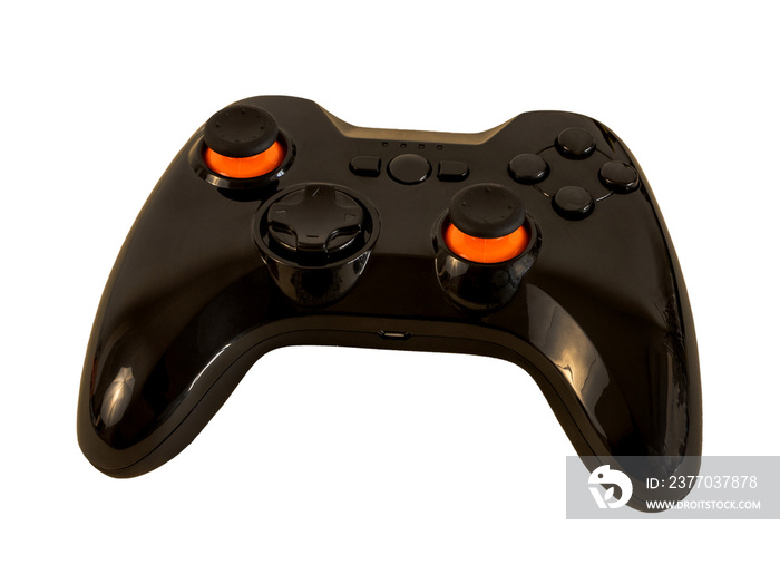 Video game controller isolated, wireless black gamepad.