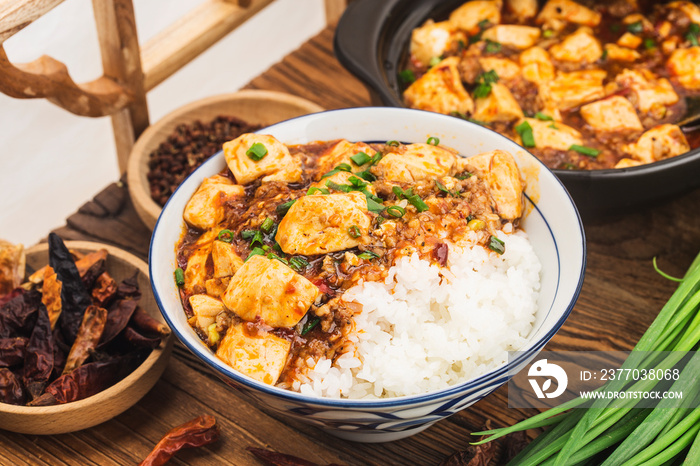 Chinese cuisine: tofu and spicy minced rice