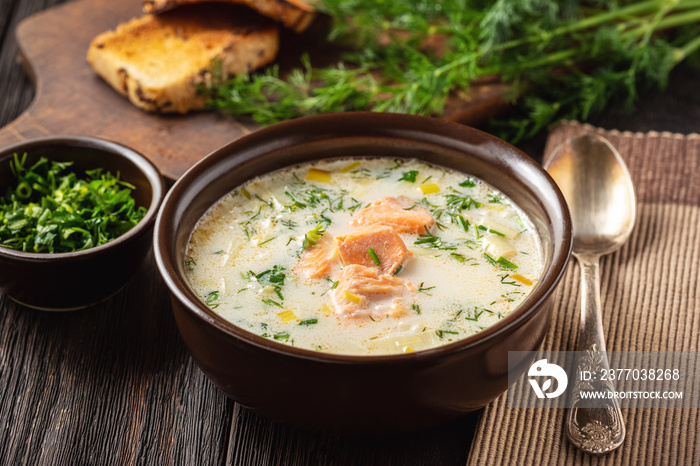 Homemade salmon and leek creamy soup.