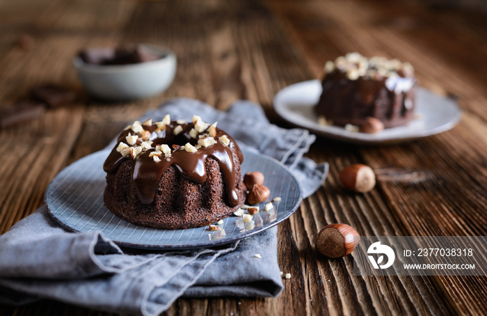 Mini chocolate bundt cakes topped with glaze and hazelnuts