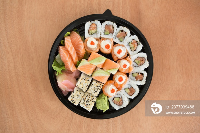 Various sushi rolls in platter