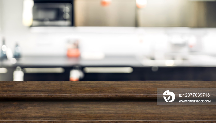 Empty step old wood table top food stand with blur home kitchen background bokeh light,Mock up for display or montage of product,Banner for advertise on online media,business presentation