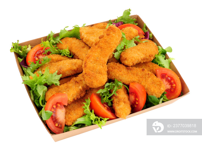 Breadcrumb covered chicken and salad in a cardboard takeaway tray isolated on a white background
