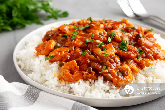 Homemade Cuban Shrimp Creole on a Plate on a gray surface, side view. Close-up.