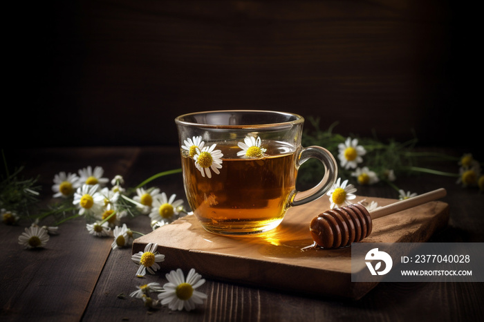 cozy cup of chamomile tea with honey on a rustic wooden table