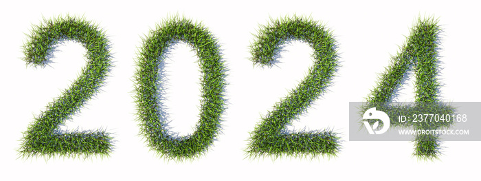 Conceptual green summer lawn grass formingg the 2024 text isolated  on white background. 3d illustration metaphor for environment,  conservation, protection,  life quallity, future generations