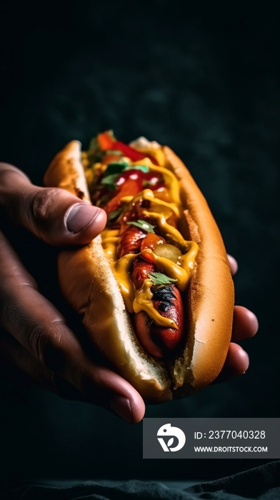 a hand holding a hot dog