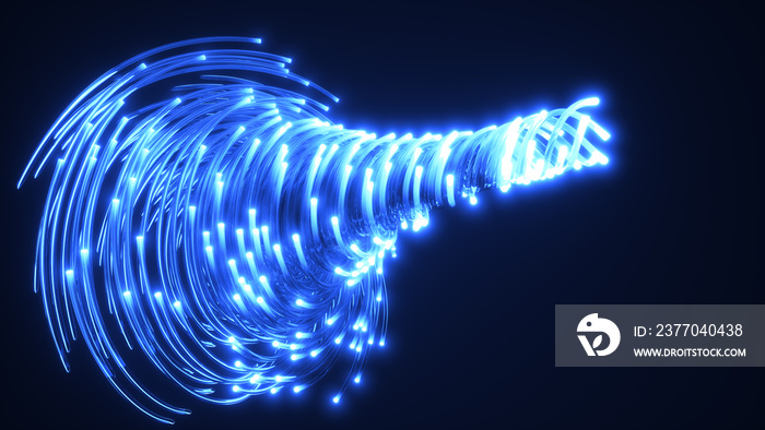 blue fiber optic cables vortex. glass strings glowing in dark. 3d illustration