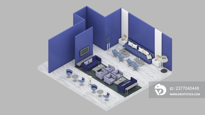 Isometric view of a lobby lounge,reception area,3d rendering