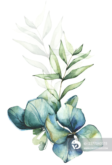 Bouquet with green leaves, blue hydrangea flowers. Watercolor painted floral arrangement bunch. Cut out hand drawn PNG illustration on transparent background. Watercolour isolated clipart drawing.